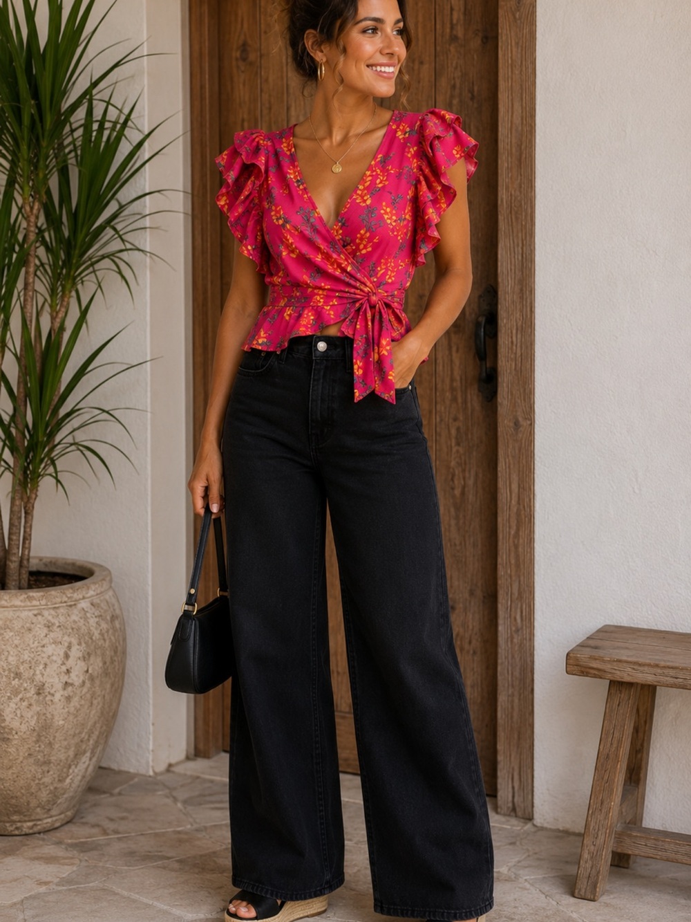 Vibrant Pink Floral Wrap Blouse